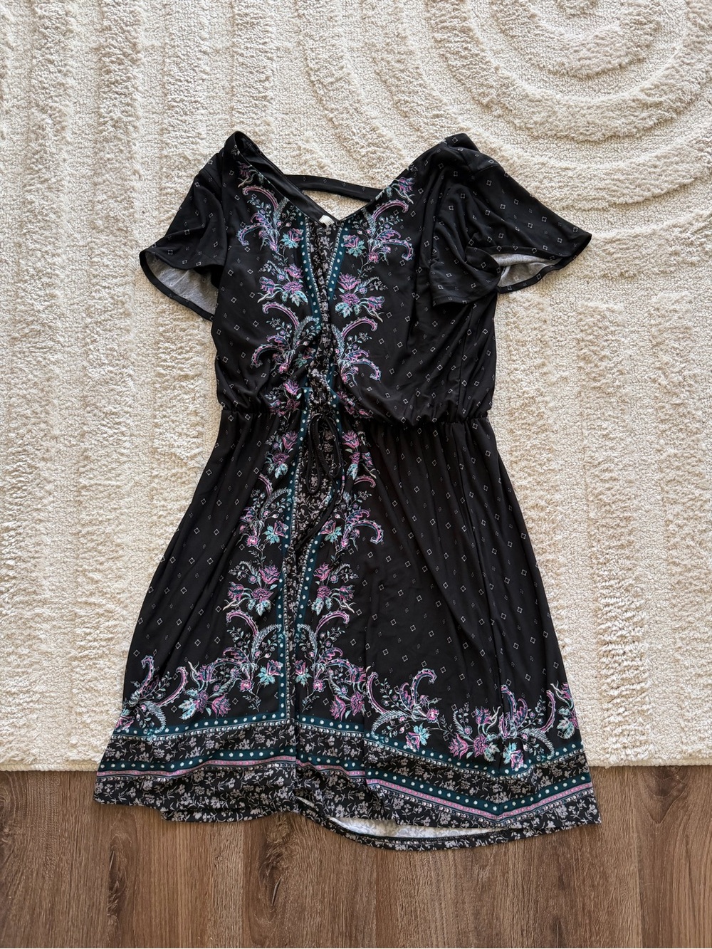 Maurices Black Mini Dress with Purple & Teal Floral Trim